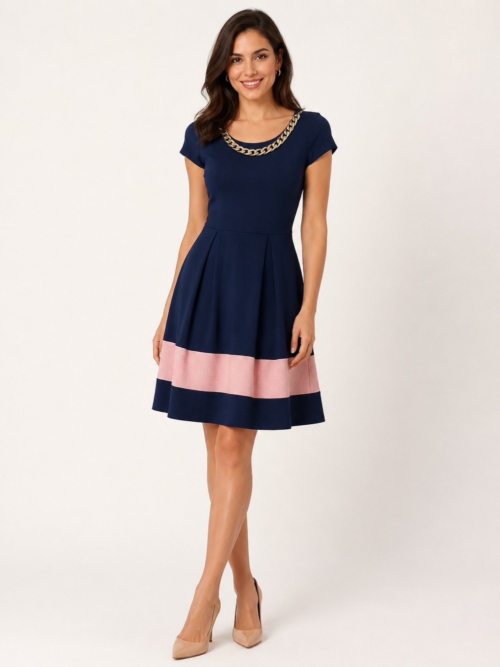 Women's Navy Blue Short Sleeve Fit-and-Flare Midi Dress Size XS